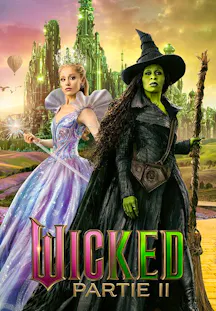 Filmplakat für „Wicked: Partie II“ mit Glinda in einem rosa Glitzerkleid und Elphaba in schwarzer Hexenkleidung vor der Smaragdstadt in Oz.