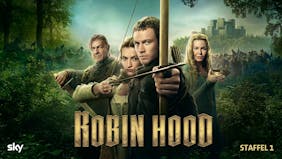 obin Hood zielt mit Pfeil und Bogen direkt auf den Betrachter, flankiert von drei weiteren Charakteren vor einer mittelalterlichen Wald- und Burgkulisse.