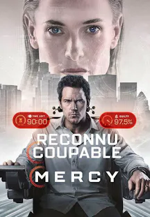 Chris Pratt in einem High-Tech-Stuhl vor einer futuristischen Skyline, darüber das Gesicht einer KI-Richterin und digitale GUIs mit Statusanzeigen.