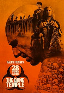 Ein in Orange gehaltener Bildmix mit einem großen Schädelprofil, einer Gruppe von Silhouetten auf einem Grat und einem Haufen menschlicher Totenköpfe.