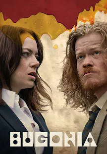 Emma Stone und Jesse Plemons blicken sich auf dem Filmplakat zu Bugonia ernst an, während eine gelbe und rote Substanz am oberen Rand heruntertropft.