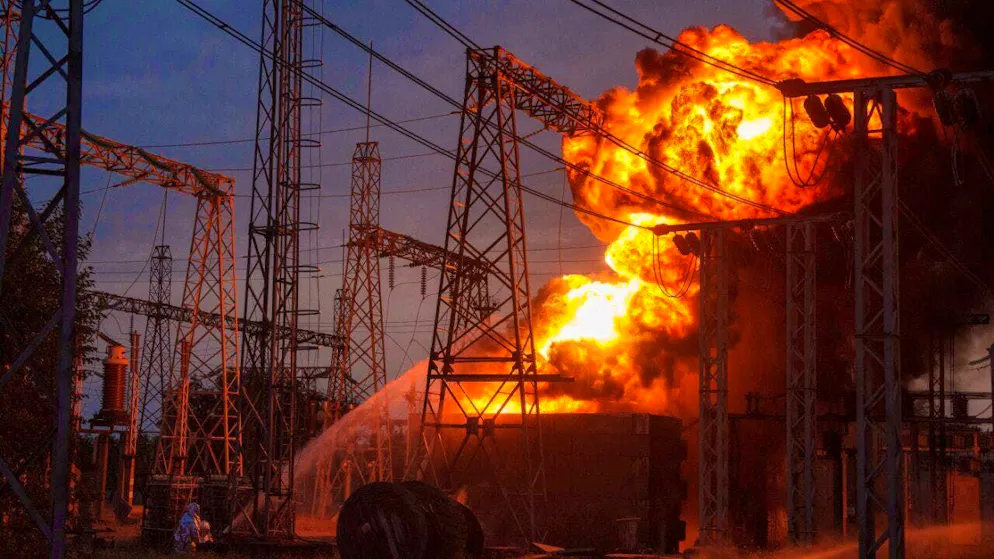 ARCHIVE - Rescue workers extinguish a fire at a burning substation hit by a Russian attack in the Dnipropetrovsk region. Photo: Evgeniy Maloletka/AP/dpa