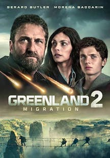 Gerard Butler, Morena Baccarin und ein junger Mann blicken besorgt in die Ferne, während am Himmel brennende Meteoriten herabstürzen.