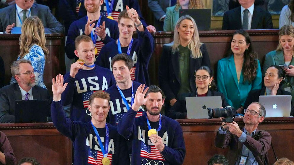 The US Olympic men's ice hockey team and their gold medals as guests at Donald Trump's State of the Union address at the US Capitol on Tuesday night.