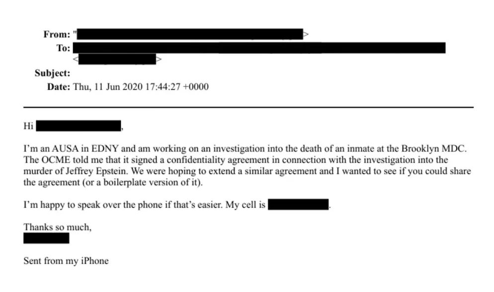 Le mail dans lequel un procureur adjoint écrit en juin 2020 au sujet du «meurtre de Jeffrey Epstein».