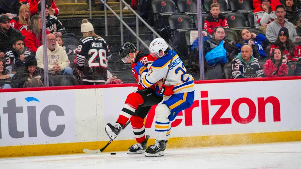 No time to develop: New Jersey's goal scorer Timo Meier (left) in a duel with Buffalo's Mattias Samuelsson