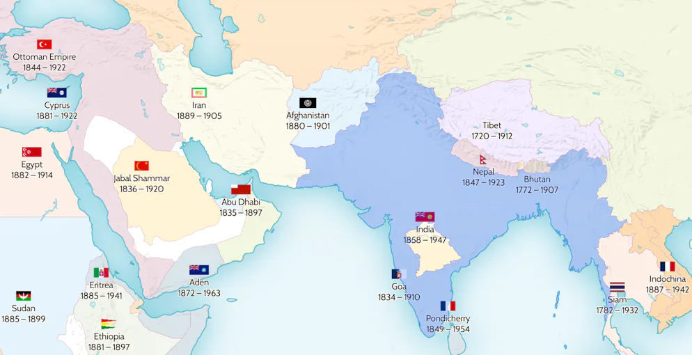 Der Nahe Osten, der Kaukasus und Indien 1895: London will nicht, dass das russische Kaiserreich an den Persischen Golf vordringt und die Routen nach Indien gefährdet.