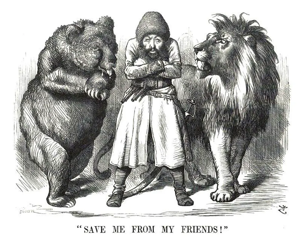 «Rette mich vor meinen Freunden»: Diese Karikatur aus dem Magazin «Punch» von 1878 zeigt den afghanischen Emir Schir Ali zwischen mit dem russischen Bären und dem britischen Löwen.