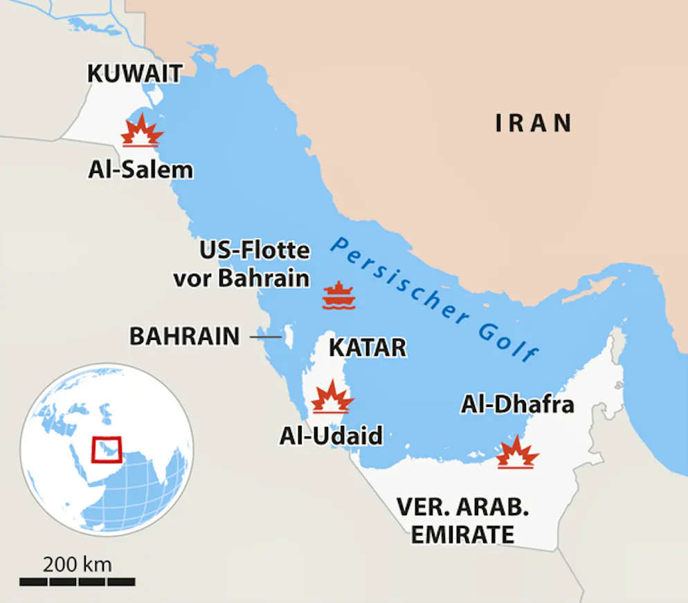 USA und Israel greifen den Iran an. Iranische Streitkräfte haben als Reaktion auf die Angriffe Israels und der USA vier Militärstützpunkte in der Region attackiert. 