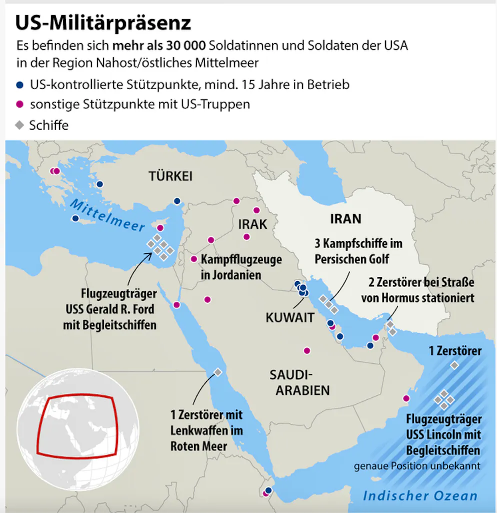 USA und Israel greifen den Iran an. Darstellung der US-Militärpräsenz in Nahost. Es befinden sich mehr als 30'000 Soldatinnen und Soldaten der USA in der Region Nahost/östliches Mittelmeer. Blau markiert: US-kontrollierte Stützpunkte, mind. 15 Jahre in Betrieb. Pink: sonstige Stützpunkte mit US-Truppen. Grau: Schiffe.  