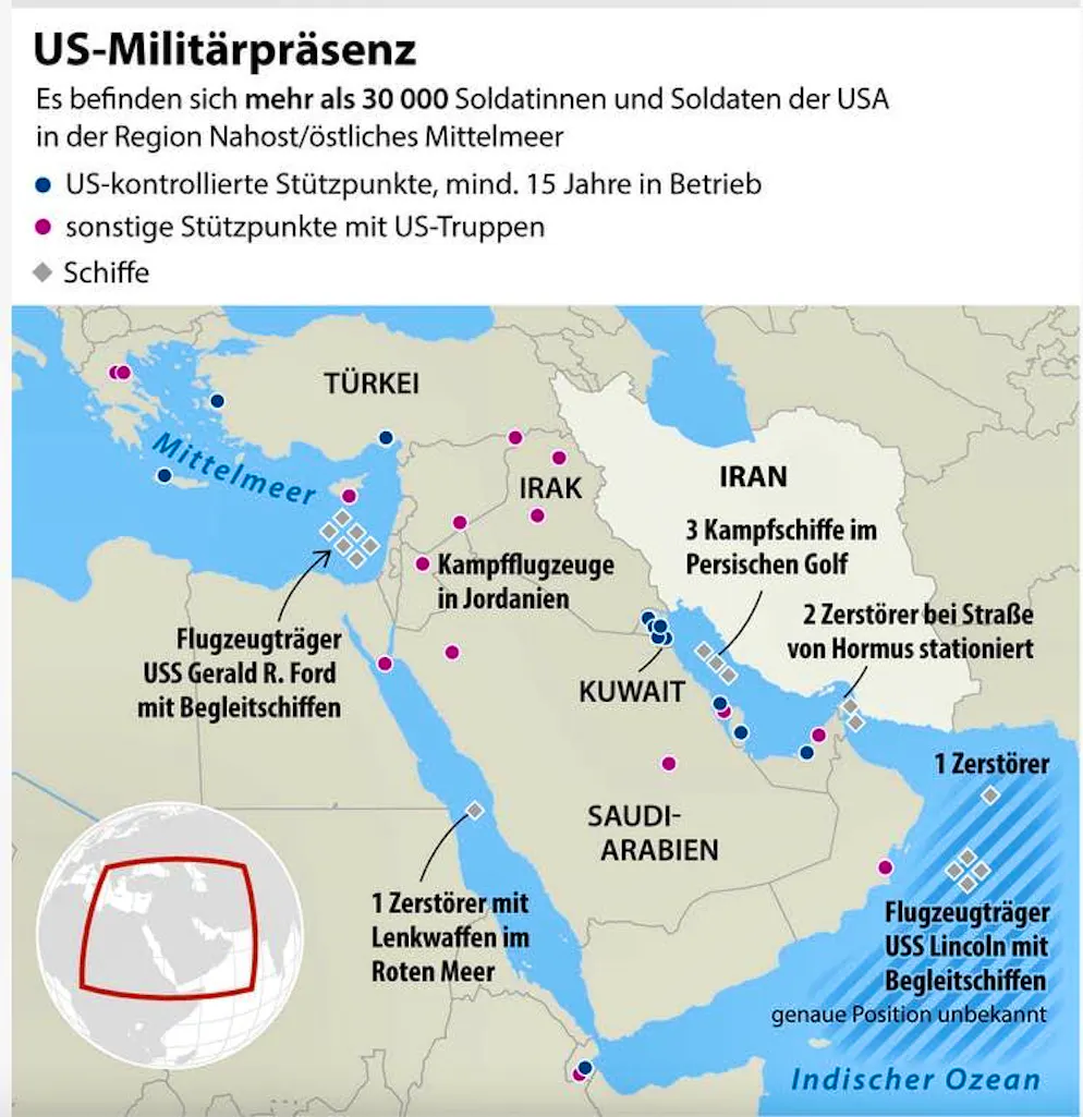 USA and Israel attack Iran. Depiction of the US military presence in the Middle East. There are more than 30,000 US soldiers in the Middle East/Eastern Mediterranean region. Marked in blue: US-controlled bases, in operation for at least 15 years. Pink: other bases with US troops. Gray: ships.