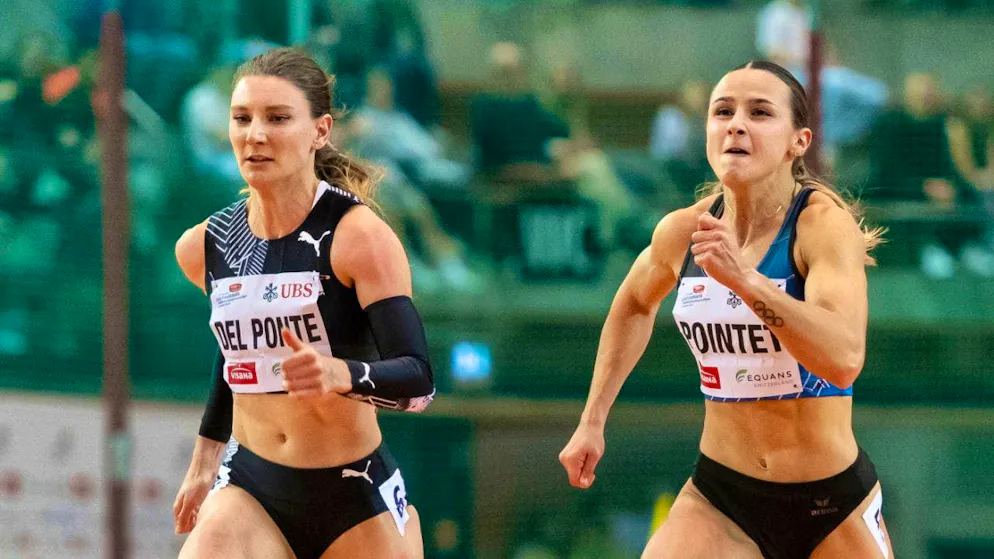 Léonie Pointet (right) wins gold in the 60 m and secures her ticket for the World Indoor Championships in three weeks' time together with Ajla Del Ponte, who finished second in the SM