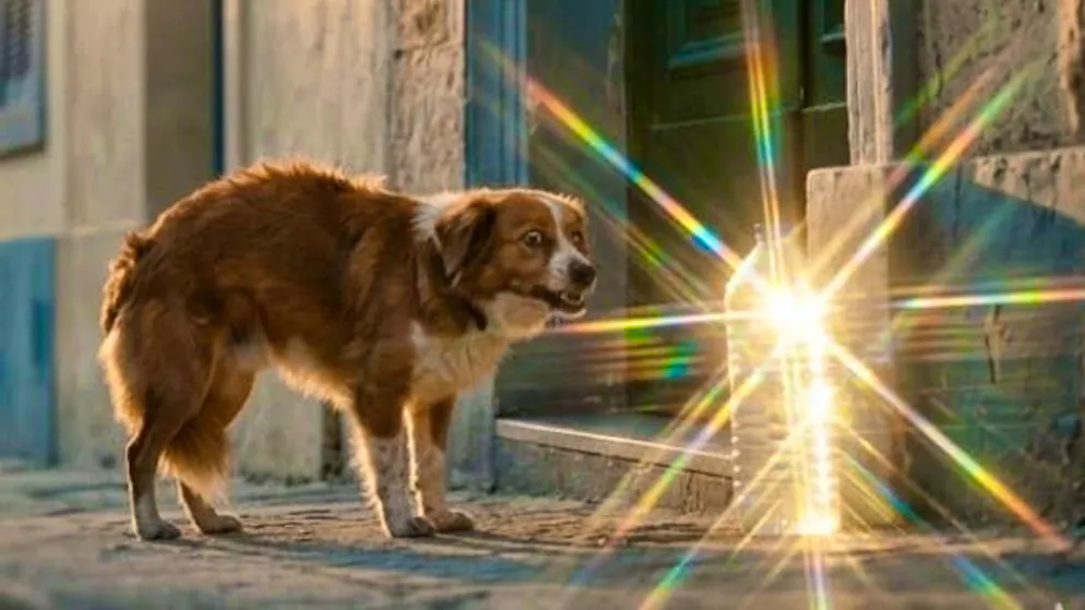 You can imagine it like this: A dog is frightened because the water bottle reflects the sunlight.