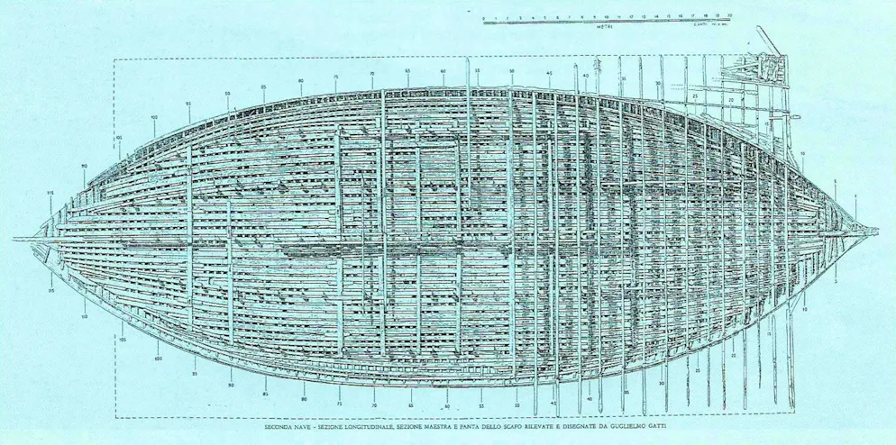 I visitatori delle navi di Nemi. Pianta della seconda nave di Nemi, più piccola, secondo le misurazioni di Guglielmo Gatti. Il disegno mostra le linee chiare dello scafo e la fitta struttura del telaio come documentato durante il recupero.