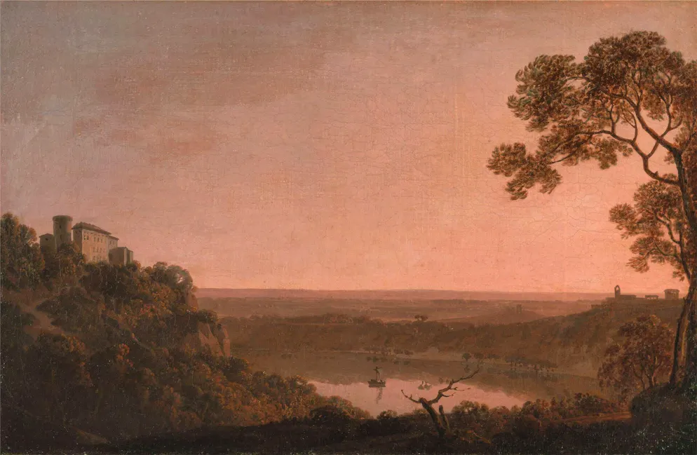 Le lac de Nemi dans la chaude lumière du soir - silencieux, presque mystérieux, le lac de cratère se trouve entre des pentes sombres. Joseph Wright of Derby (1734-1797).
