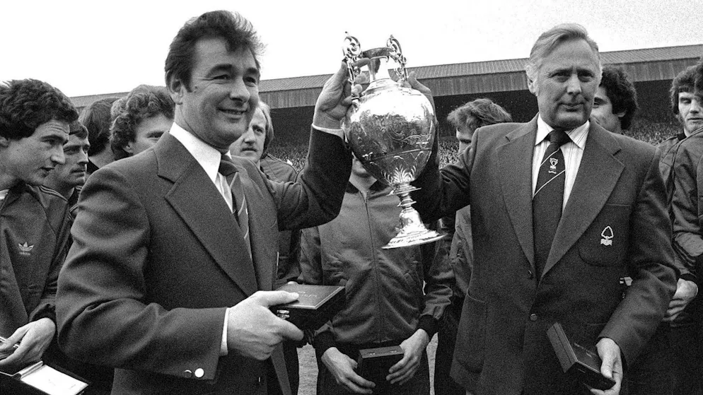 April 30, 1978: Nottingham coach Brian Clough (left) and assistant coach Peter Taylor present the trophy.