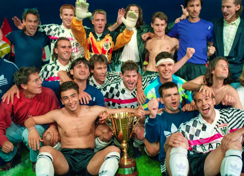 The FC Aarau players celebrate the Swiss championship title in their own stadium in 1993.