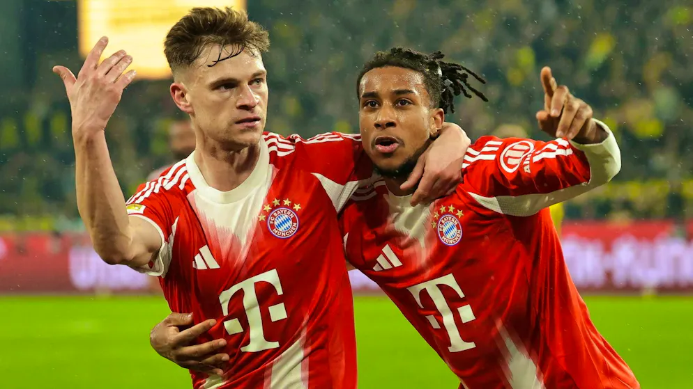Joshua Kimmich and Michael Olise celebrate the win - and are suspended for the second leg.