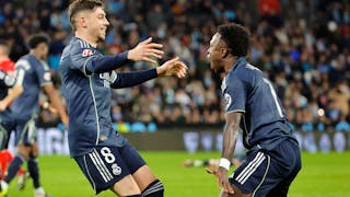 epa12800526 Real Madrid´s midfielder Federico Valverde (L) celebrates after scoring the 1-2 lead during a Spanish LaLiga soccer match between Celta Vigo and Real Madrid at Balaidos stadium in Vigo, Spain, 06 March 2026. EFE/  EPA/LAVANDEIRA JR