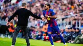 epa12783925 Barcelona's Lamine Yamal (R) celebrates with his head coach Hansi Flick after scoring during the Spanish LaLiga soccer match between FC Barcelona and Villarreal CF, in Barcelona, Catalonia, Spain, 28 February 2026.  EPA/Alejandro Garcia