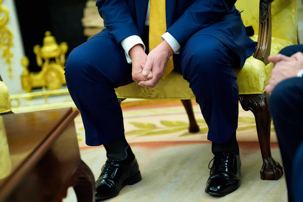 Details of United States President Donald J Trumps outfit and shoes during his meeting Philippine President Ferdinand Marcos Jr in the Oval Office at the White House on July 22, 2025 in Washington, DC., USA. Trump and Marcos are expected to discuss trade tariffs, increasing security cooperation in the face of Chinas growing maritime power in the West Philippine Sea and other topics. Copyright: xCNPx/xMediaPunchx