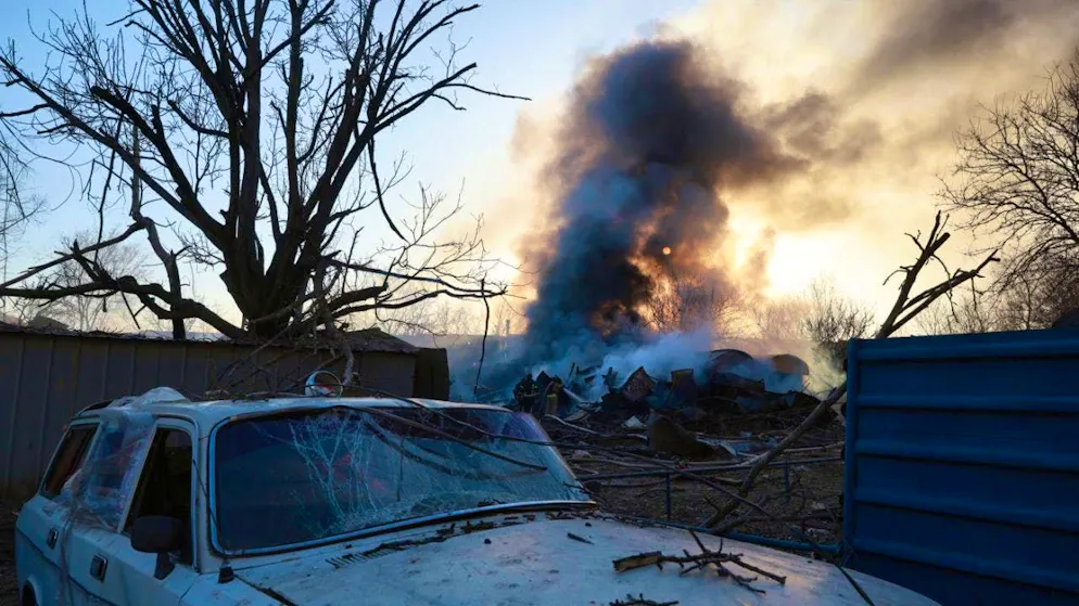 A private house burns after a Russian guided bomb attack. Photo: Kateryna Klochko/AP/dpa