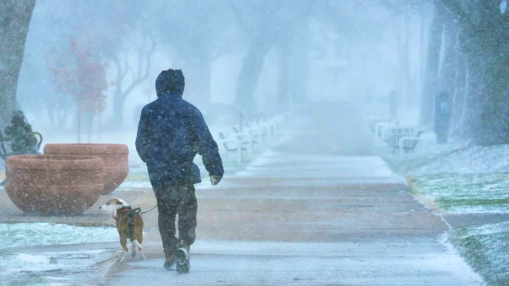 Snow blows across a path in Lion Park in St. Joseph, Michigan. Photo: Don Campbell/The Herald-Palladium/AP/dpa - ATTENTION: For editorial use only and only with full attribution to the above credit