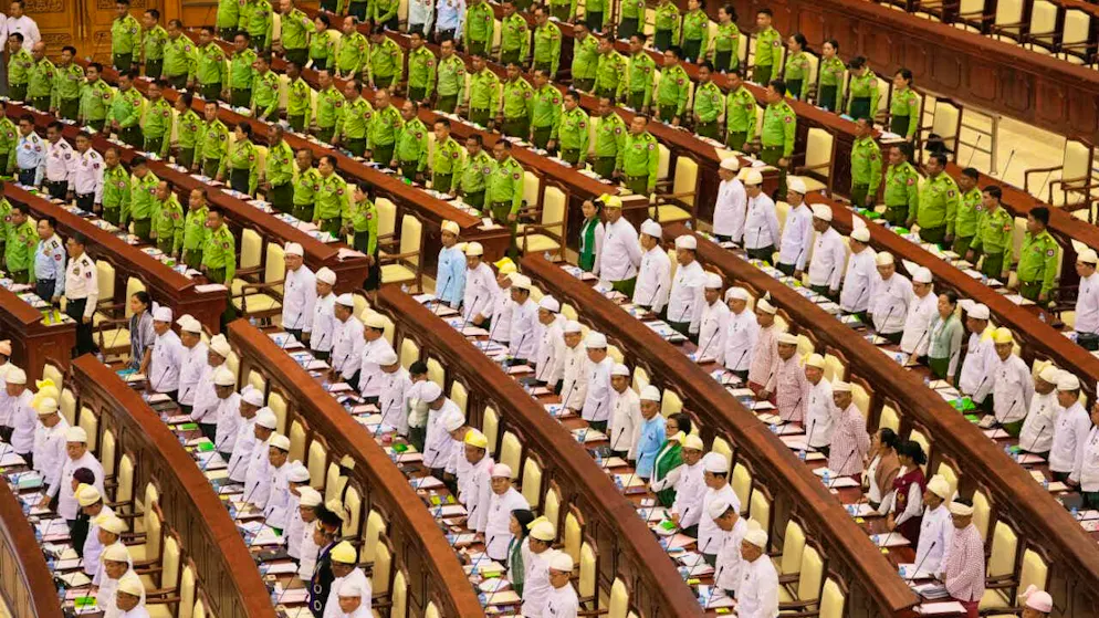 Myanmar's military representatives and lawmakers take their oath during a parliamentary session in the lower house in Naypyitaw, Myanmar. Photo: Aung Shine Oo/AP/dpa