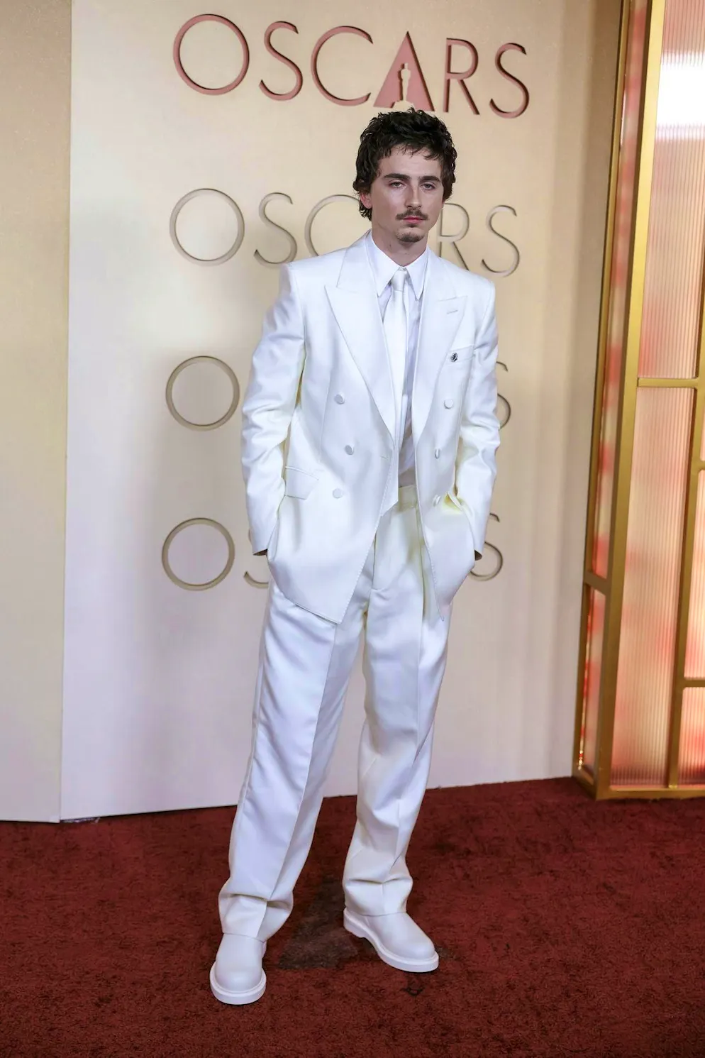 Les Oscars 2026 : Les meilleures tenues du tapis rouge. Timothée Chalamet opte lui aussi pour le blanc – dans un look monochrome assumé qui fait sensation. On remarque particulièrement ses bottes blanches fermées. Un look statement.
