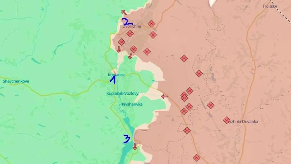 The front line is a good six kilometers north of Kupjansk (1). Further north, the Russians were able to hold their bridgehead west of the Oskil (2). In the meantime, they have also advanced as far south as the river in Kupjansk (3).