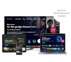 blue SuperMax auf TV, Laptop & Smartphone. Text: Ein Abo für 4 Streaming-Dienste für 27.90/Mt. 40% günstiger. Auch für Nicht-Swisscom-Kunden.