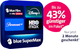 blue SuperMax Paket mit Disney+, HBO Max, Paramount+ & blue Film. Text: Bis zu 43% günstiger im Paket* und nur jetzt 2 Monate geschenkt*.