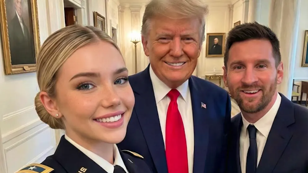 Jessica Foster mit Donald Trump und Lionel Messi. Alles von KI generiert.