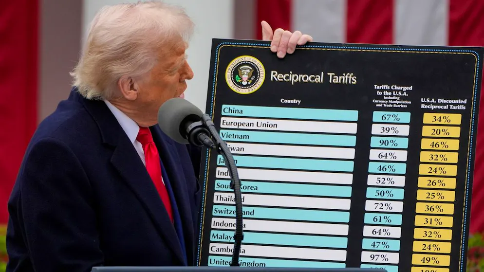 Fiktive Zollsätze: US-Präsident Donald Trump am 2. April 2025 im Rosengarten des Weissen Hauses mit seiner Tafel mit den angeblichen Importzöllen anderer Länder auf US-Waren und den geplanten US-Gegenzöllen.