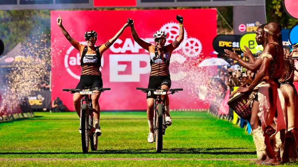 Alessandra Keller (left) and Candice Lill at the finish line in Stellenbosch