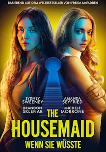 Sydney Sweeney und Amanda Seyfried stehen Rücken an Rücken. Zwischen ihnen bildet der negative Raum eine Treppe, die zu einem Schlüsselloch führt. Der Hintergrund ist leuchtend gelb.