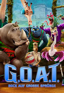 Eine Gruppe anthropomorpher Tiere in Basketballtrikots, darunter ein Nashorn, eine Giraffe mit Kopfhörern, ein Panther und ein Vogel. Im Vordergrund steht eine kleine Ziege (Goat), die einen Basketball hält.