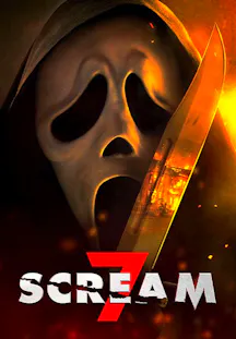 Die ikonische Ghostface-Maske füllt das Bild. Vor der Maske wird ein großes Messer gehalten, in dessen Klinge sich ein brennendes Haus spiegelt. Die Zahl 