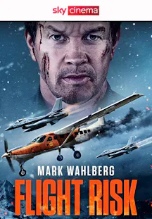 Mark Wahlberg mit kahlem Kopf blickt grimmig aus einem kleinen Flugzeugfenster. Thriller-Poster zu Flight Risk.