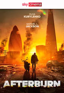 Dave Bautista und Samuel L. Jackson stehen bewaffnet vor einer zerstörten, postapokalyptischen Kulisse. Actionfilm-Poster von Afterburn.