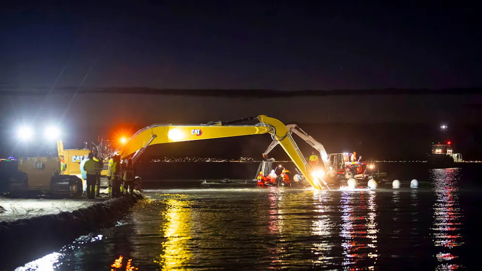 Selbst als es längst dunkel war, ging die Rettungsaktion für den gestrandeten Buckelwal weiter.