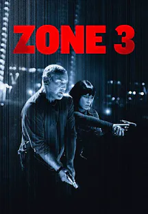 Ein Mann und eine Frau stehen in einer düsteren, blau-schattierten Szenerie mit vertikalen Streifenmustern. Beide halten Schusswaffen bereit und blicken konzentriert zur Seite. Der Titel 