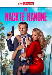 Liam Neeson blickt ernst durch eine Lupe, während im Hintergrund Chaos ausbricht. Neuverfilmung von Die nackte Kanone.