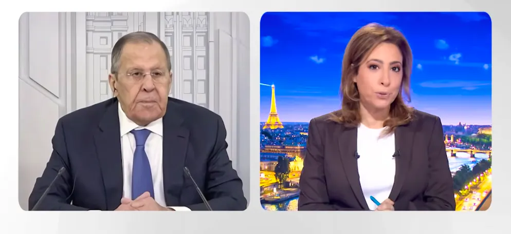 Léa Salamé et Sergueï Lavrov au JT de France 2 le 26 mars 2026.