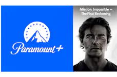 Paramount+ Logo links, rechts Schwarz-Weiß-Porträt von Tom Cruise mit dem Filmtitel „Mission: Impossible – The Final Reckoning