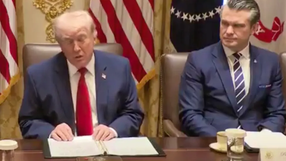 During a cabinet meeting. This Trump slip of the tongue even causes Hegseth to frown