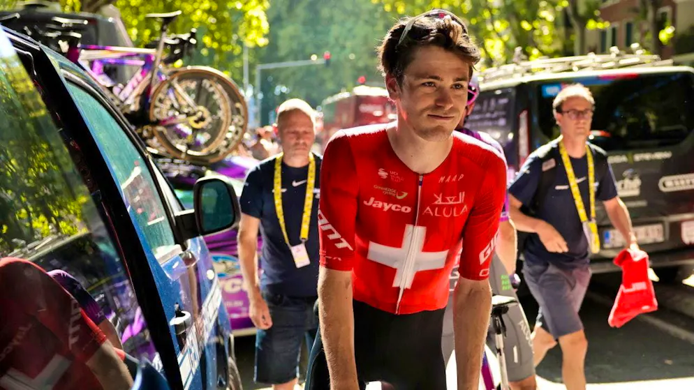 Mauro Schmid is among the front runners in northern Italy with the Swiss champion's jersey