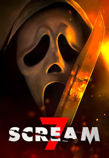 Affiche du film Scream 7 – Ghostface masqué tenant un couteau ensanglanté devant un fond de flammes orangées