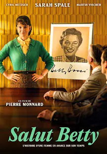 Affiche du film Salut Betty – femme en tenue rétro debout devant un dessin de Betty Bossi dans une salle de réunion années 60