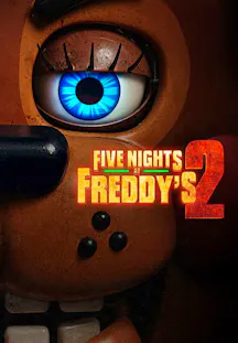 Affiche du film Five Nights at Freddy's 2 – gros plan sur l'animatronique Freddy avec un œil bleu inquiétant sur fond sombre et rouillé